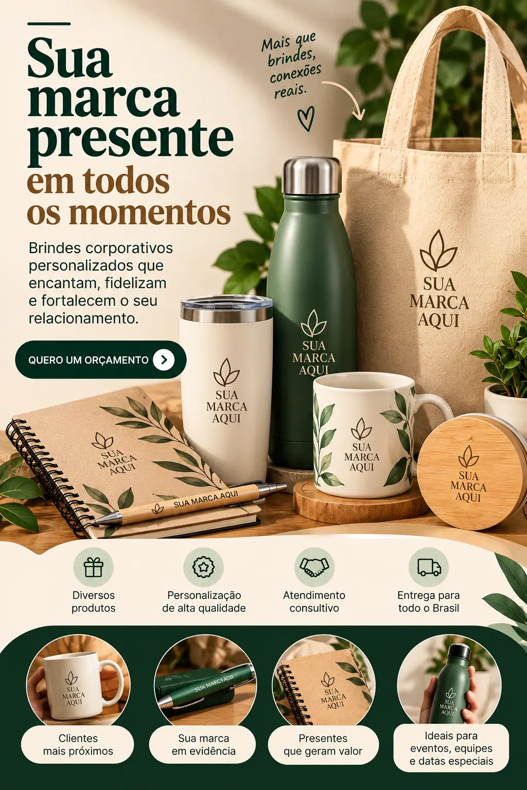 Brindes corporativos com ecobag, garrafa térmica, caneca e caderno personalizados