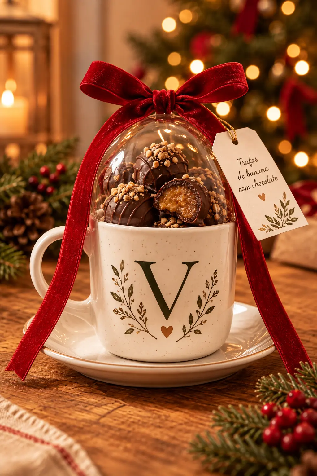 Caneca com monograma e globo com trufas de chocolate, com laço de veludo vermelho