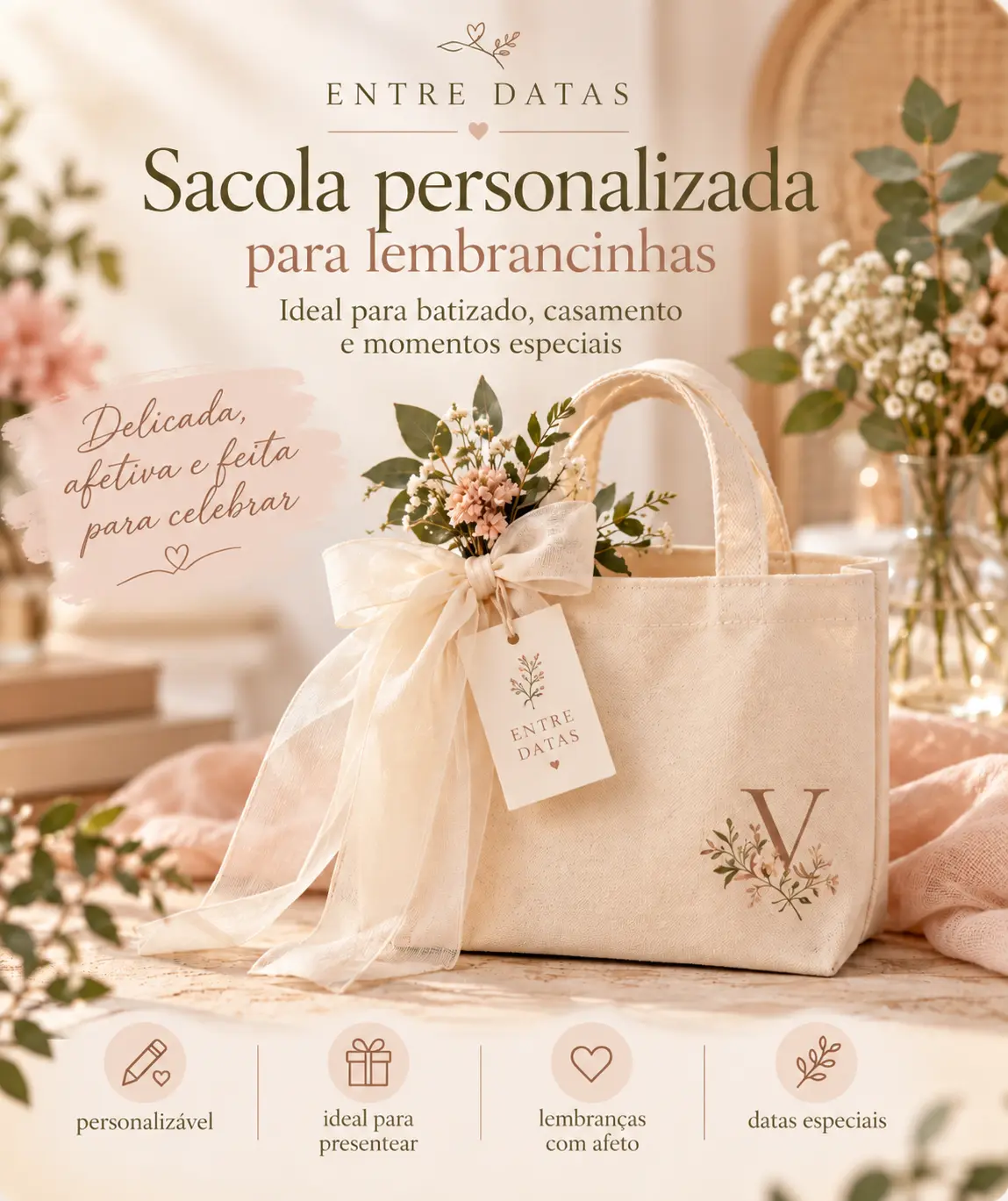 Sacola personalizada para lembrancinhas de batizado e casamento