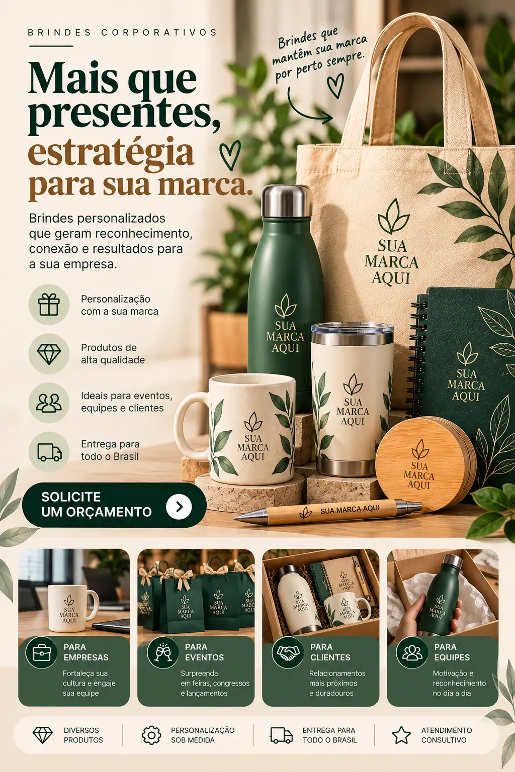 Brindes corporativos com canecas, garrafas térmicas, cadernos e canetas personalizados
