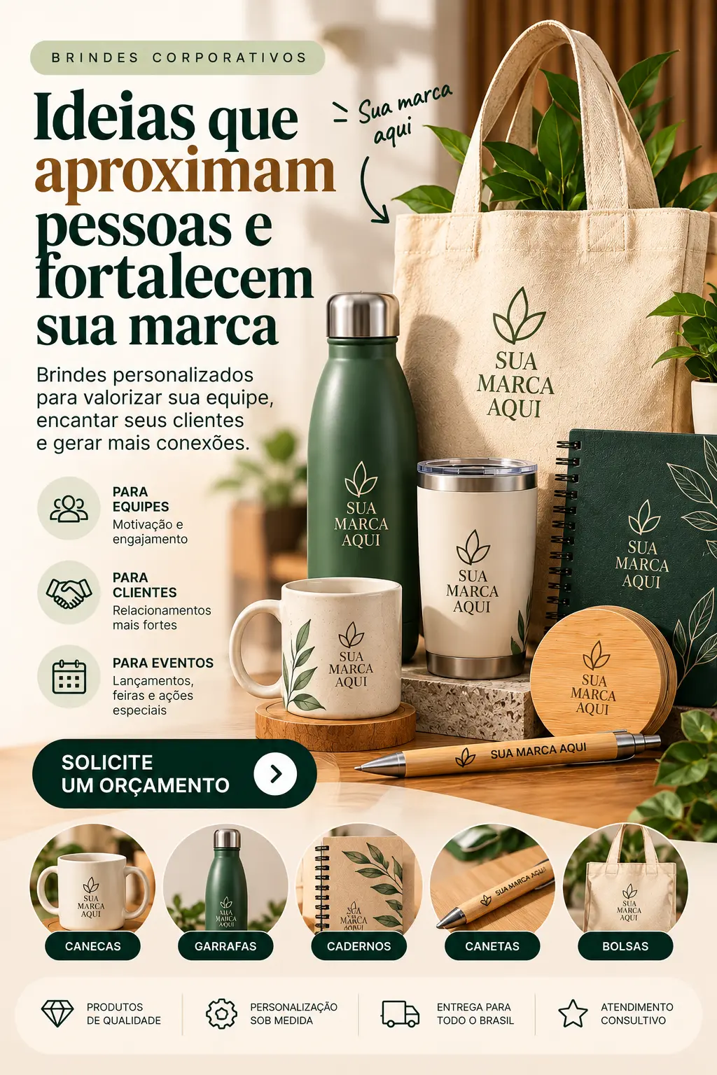 Kit de brindes corporativos com garrafa térmica, caneca e caderno personalizados