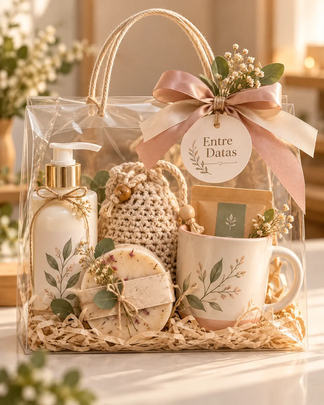 Sacola de organza com loção, sabonete, nécessaire de crochê e caneca estampada