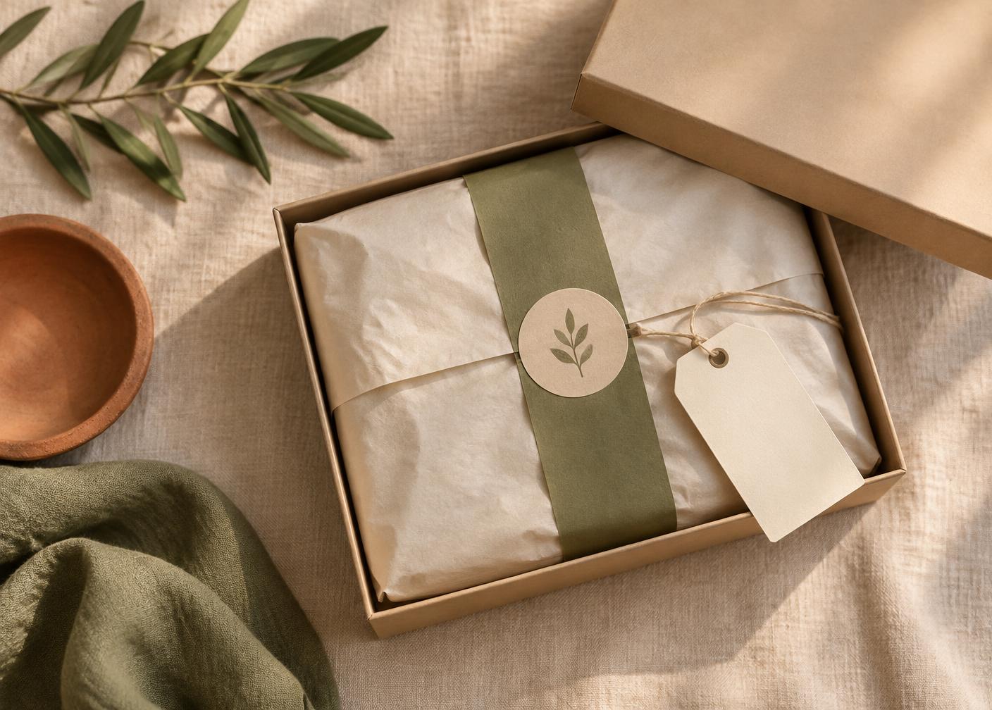 Caixa aberta com papel de seda, cinta verde, selo e tag de papel